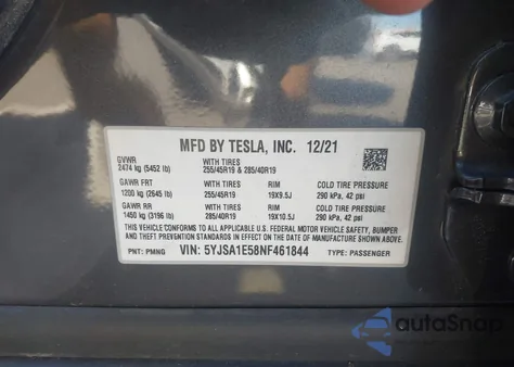 2022 Tesla Model S Dual Motor All-Wheel Drive z USA, uszkodzony, nr VIN 5YJSA1E58NF461844
